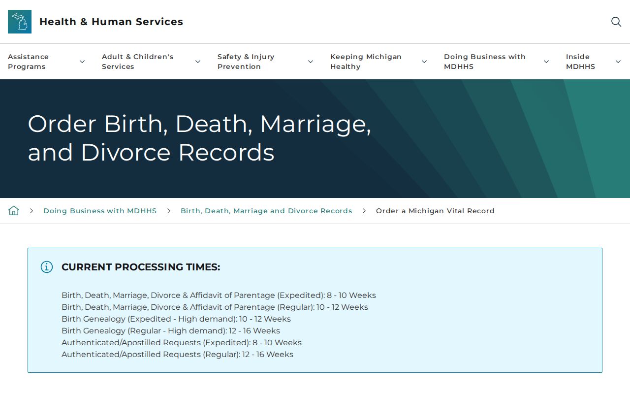 Dearborn residents directory vital record verification through Michigan MDHHS
